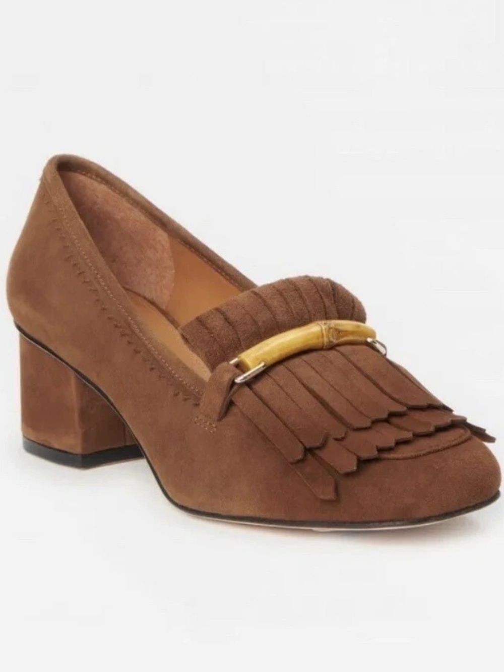 J. McLaughlin Brown Suede Fringe w bamboo Penny Loafer Block Heel Pumps 8.5